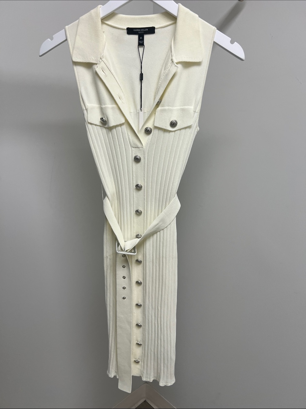 Karen Millen Ivory Ribbed Button-Through Sleeveless Midi Dress